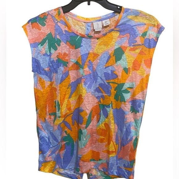 Linen Joie SZ S Peachy Tropical Print Breezy Top Button Down Back Oversized - Picture 6 of 11